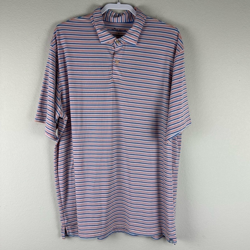 Peter Millar Peach Blue White Stripe Seaside Golf Polo Shirt Size XL